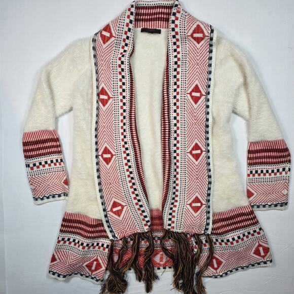 Maxsport Aztec Fringe Trim L Open Front Long Cardigan Sweater Southwestern Boho - Picture 5 of 12